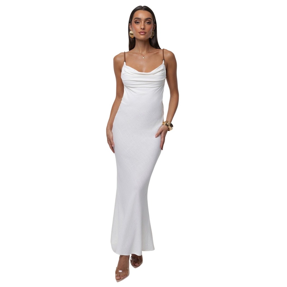 JLUXLABEL White Linen Cotton Cowl Neck Backless Maxi‎ Dress  M NWOT Bridal